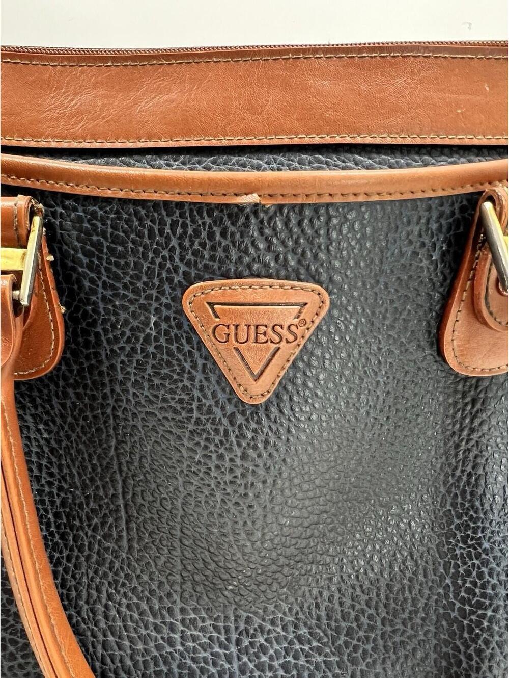 Vintage 90s Guess Blue & Tan Trim Pebble Leather Double Handle Bag Large - Picture 2 of 9